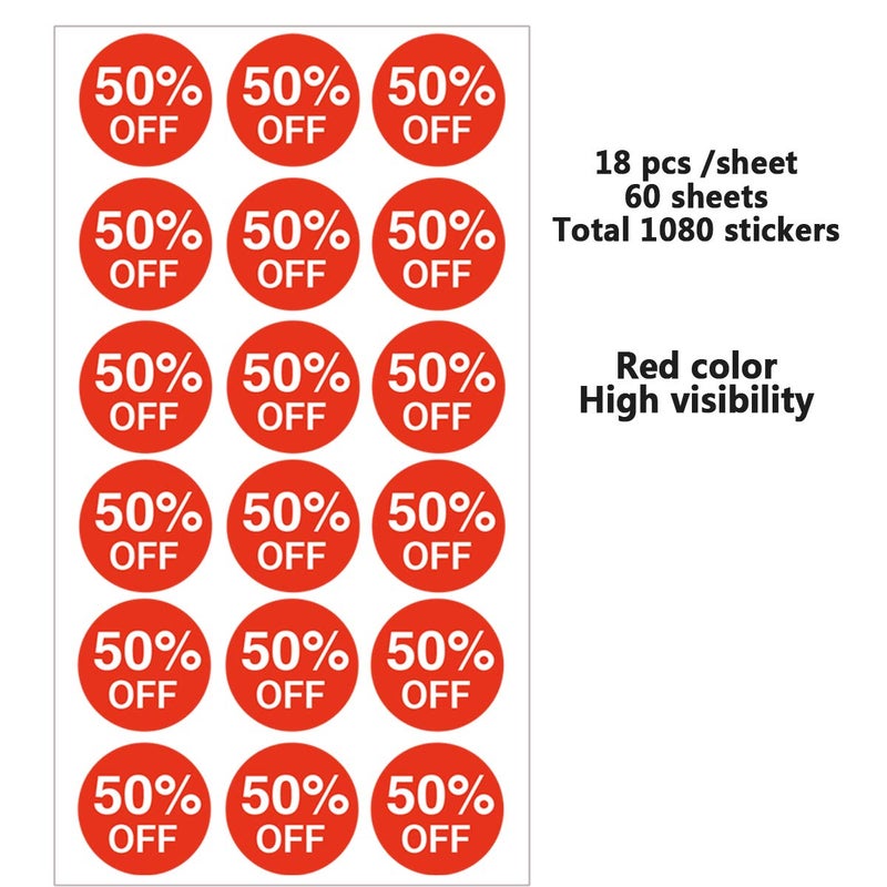 Besttile 1080 Pcs 50 Percent Off Stickers,Price Stickers for Retail Store 3/4 Inch - Image 3